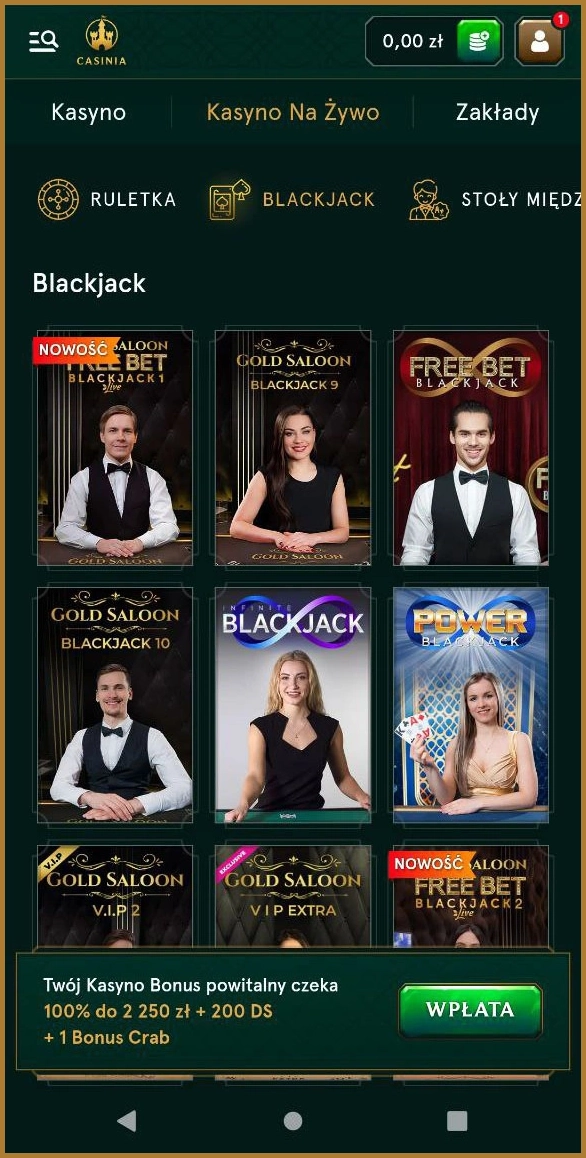 Gra w blackjacka na żywo w kasynie Casinia