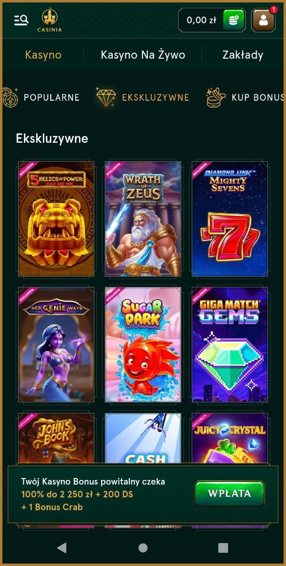 Ekskluzywne gry oferowane przez kasyno Casinia
