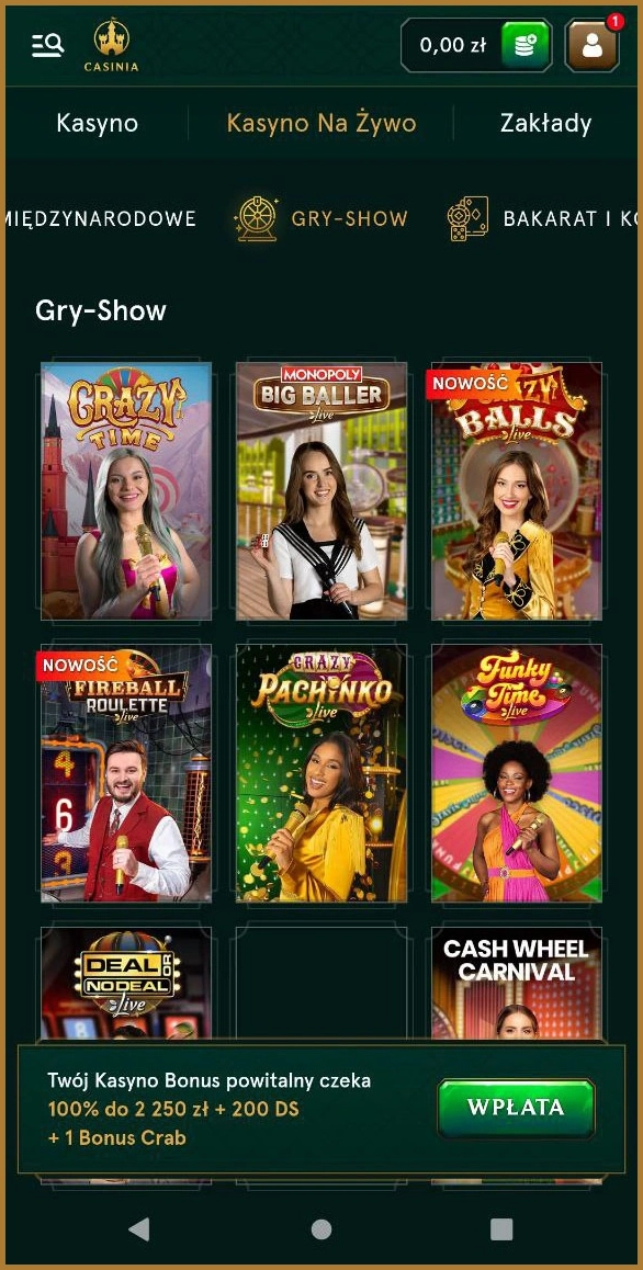 Ekscytujące game showy w kasynie na żywo Casinia Casino