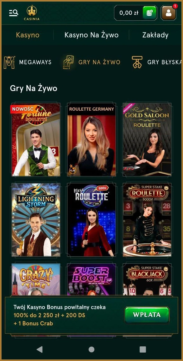 Centralne lobby dla gier na żywo w Casinia Casino