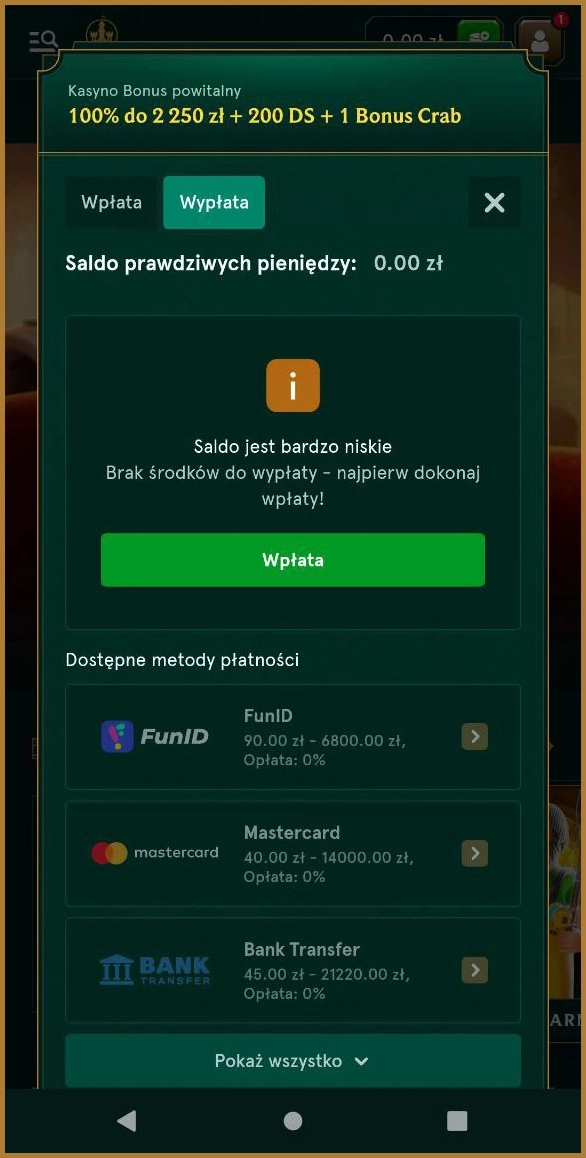 Szczegółowe wyjaśnienie opcji wypłat w Casinia Casino