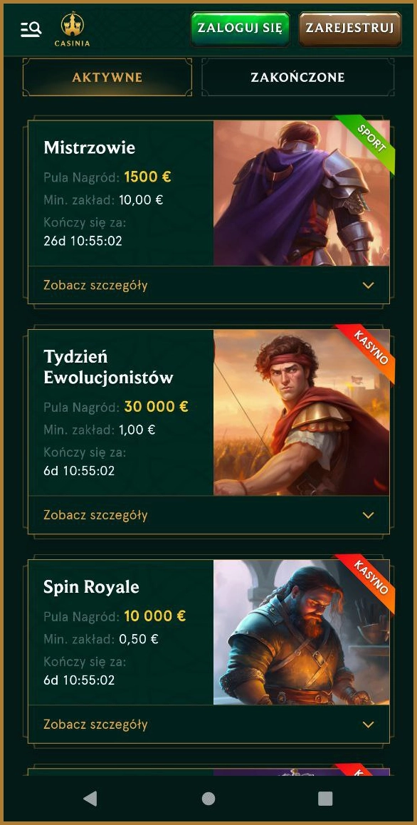 Trwające turnieje na automatach w kasynie Casinia